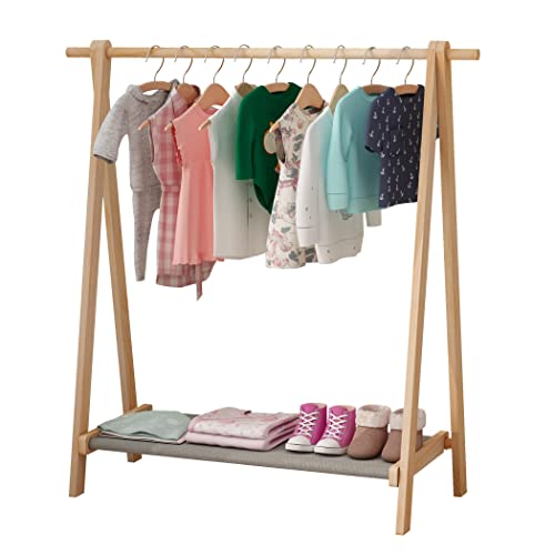 Clikuutory Kids Garment Rack, Kids Clothes Rack for Hanging Clothes, Baby Freestanding Clothing Rack with Storage Shelf & Hanging Rod, Stable Triangular Frame, 100% Natural Pine Wood, Dress up Rack