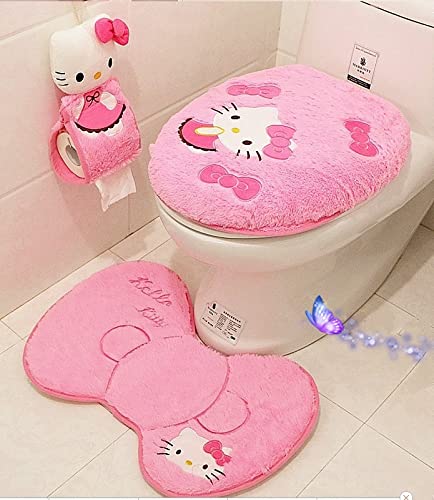 MODGHPT Hello Kitty 4-Piece Toilet Seat Set, Pink and Red, Pink