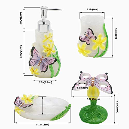 Decorative Bathroom Accessory Vanity Set Including Tumblers, Soap Dish, Shampoo and Body Wash Liquid Soap Dispenser and Toothbrush Holder, Gift for Girl with Butterfly Pattern