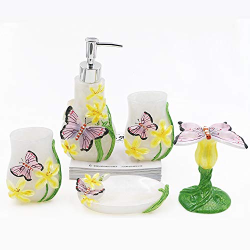 Decorative Bathroom Accessory Vanity Set Including Tumblers, Soap Dish, Shampoo and Body Wash Liquid Soap Dispenser and Toothbrush Holder, Gift for Girl with Butterfly Pattern