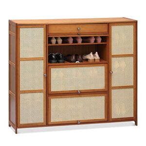monibloom rattan shoe cabinet with 3 drawers rattan pattern free standing shoe, shelf storage rack with flip doors & drawer for 28-32 pairs for living room, entryway and hallway, brown