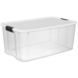 sterilite 116 quart multipurpose ultra clear plastic storage tote container with secure latching lid for home organization, (16 pack)