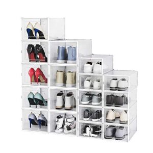 sneaker storage,shoe boxes clear plastic stackable 18 pack fit up to us size 14,9 medium and 9 large,white