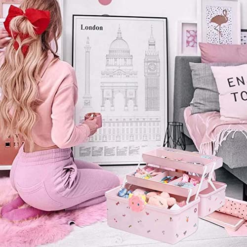 Children's Hair Accessories Organiser Jewelry Storage Box Large Capacity Hair Clips Rubber Band Multiple Layers Storage Boxes with Lock Pink