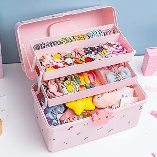 Children's Hair Accessories Organiser Jewelry Storage Box Large Capacity Hair Clips Rubber Band Multiple Layers Storage Boxes with Lock Pink