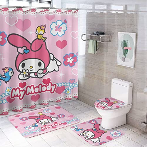 fmsnupz 4PCS Anime Shower Curtain Set, Cute Bathroom Decor with Non-Slip Rugs, Toilet Lid Cover and Bath Mat, Waterproof Fabric Shower Curtains with 12 Hooks, 70.8"x70.8"