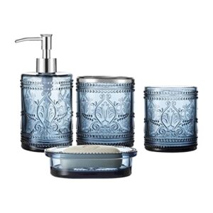 4pcs dark blue glass bathroom accessories set with decorative pressed pattern - includes hand soap dispenser & tumbler & soap dish & toothbrush holder