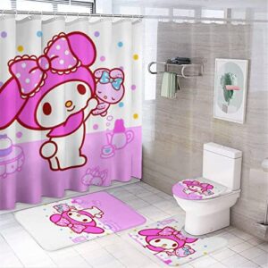 fmsnupz 4pcs anime shower curtain set, cute bathroom decor with non-slip rugs, toilet lid cover and bath mat, waterproof fabric shower curtains with 12 hooks, 70.8"x70.8"