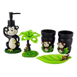 mekoly bathroom accessories set 5 pcs,black bathroom sets accessories monkey look bathroom vanity countertop accessory set with lotion soap dispenser,toothbrush holder,bathroom tumbler for kids
