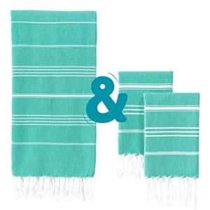 wetcat bundle: turkish bath towel (38 x 71) and turkish hand towels (20 x 30, set of 2) - 100% cotton, prewashed for soft feel - mint green decor & mint green kitchen accessories and decor