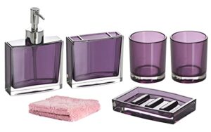 tuanyo bathroom accessories set complete - 6 pcs acrylic bathroom set - toothbrush holder, 2 toothbrush cups, soap dispenser, soap dish and cleaning cloth for bathroom (purple)