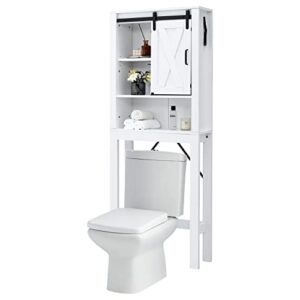 giantex over-the-toilet space saver cabinet - freestanding bathroom storage cabinet, 4-tier above toilet organizer with sliding barn door, 3-position adjustable shelves, toilet organizer rack, white