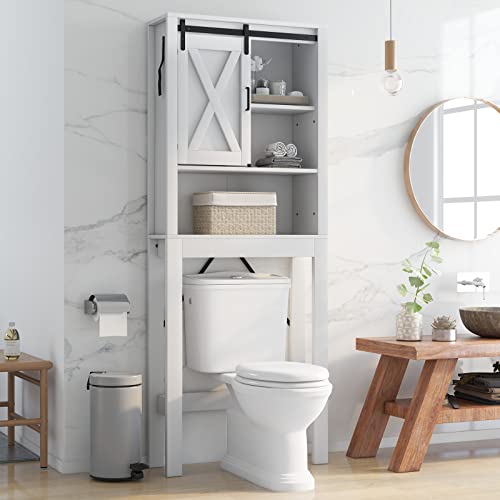 Giantex Over-The-Toilet Space Saver Cabinet - Freestanding Bathroom Storage Cabinet, 4-Tier Above Toilet Organizer with Sliding Barn Door, 3-Position Adjustable Shelves, Toilet Organizer Rack, White