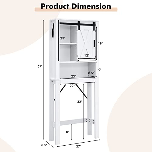 Giantex Over-The-Toilet Space Saver Cabinet - Freestanding Bathroom Storage Cabinet, 4-Tier Above Toilet Organizer with Sliding Barn Door, 3-Position Adjustable Shelves, Toilet Organizer Rack, White