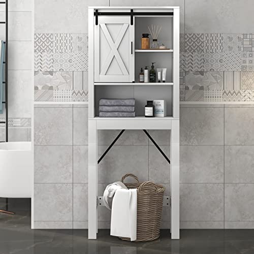 Giantex Over-The-Toilet Space Saver Cabinet - Freestanding Bathroom Storage Cabinet, 4-Tier Above Toilet Organizer with Sliding Barn Door, 3-Position Adjustable Shelves, Toilet Organizer Rack, White