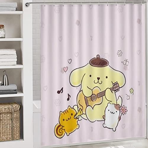 Pompompurin Playing Guitar Cute 4 Piece Bath Set Bathroom Decoration Set with Shower Curtain Set Non Slip Floor Mat Toilet Lid Bath Mat Polyester Waterproof Shower Curtain