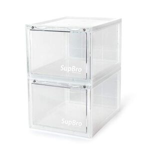 supbro collection crate - easy access storage shoes box -plastic foldable stackable sneaker display storage with clear front door organizer-2 pack (transparent)