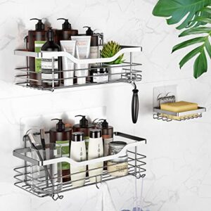 gogokit shower caddy with hanging hooks - wall mounted storage - 3 pack - kitchen organizer rack - no drilling adhesive mount - stainless steel rustproof tidy accessories holder - large capacity (silver)