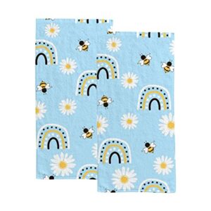 hand bath towels 2 pack daisy flower bee rainbows absorbent face fingertip towels for bathroom kitchen gym spa soft hair drying cloth quick dry, 30 x 15 inch