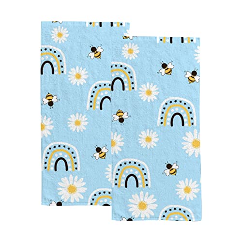 Hand Bath Towels 2 Pack Daisy Flower Bee Rainbows Absorbent Face Fingertip Towels for Bathroom Kitchen Gym Spa Soft Hair Drying Cloth Quick Dry, 30 x 15 Inch