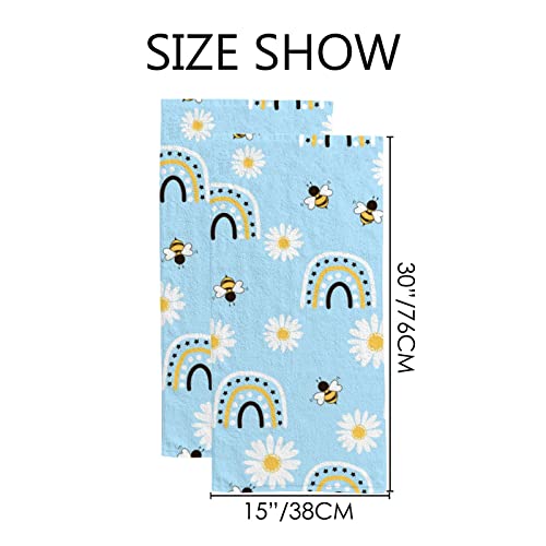 Hand Bath Towels 2 Pack Daisy Flower Bee Rainbows Absorbent Face Fingertip Towels for Bathroom Kitchen Gym Spa Soft Hair Drying Cloth Quick Dry, 30 x 15 Inch