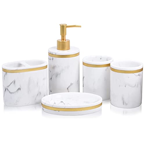 5-Piece Bathroom Counter Top Accessory Set - Dispenser for Liquid Soap or Lotion, Soap Dish, 2 Tumblers and Toothbrush Holder, Marble Pattern Resin (Classic White)