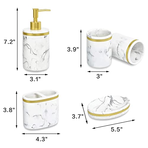 5-Piece Bathroom Counter Top Accessory Set - Dispenser for Liquid Soap or Lotion, Soap Dish, 2 Tumblers and Toothbrush Holder, Marble Pattern Resin (Classic White)