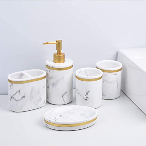 5-Piece Bathroom Counter Top Accessory Set - Dispenser for Liquid Soap or Lotion, Soap Dish, 2 Tumblers and Toothbrush Holder, Marble Pattern Resin (Classic White)