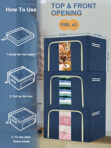 Clothes Storage Bins Boxes - 2 Pack 100L Foldable Stackable Container Organizer Set With Metal Frame, Label Holder, Clear Window, 26.4Gal Large Capacity Oxford Fabric For Closet Blanket