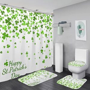 4 pcs st. patrick's day shower curtain sets with rugs, irish gnomes green shamrocks buffalo plaid truck waterproof shower curtains for bathroom with hooks, spring holiday home bath bathtub decor