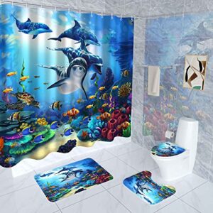 4 pcs dolphin shower curtain set with rugs, toilet lid cover bath mat ,blue ocean sea world decoration shower curtain with 12 hooks,65 x 70 inches waterproof dolphin shower curtain for bathroom set…