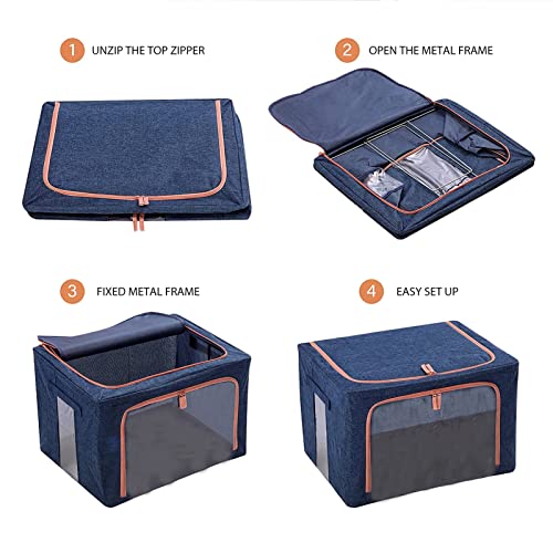 Foldable Clothes Storage Bins 2 Pack,Metal Frame Clothing Storage Box with Reinforced Handle, Stackable Thick Linen Fabric Closet Organizer Set with Clear Windows, Sturdy Zippers, Blue(19.7x15.7x13in)