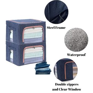 Foldable Clothes Storage Bins 2 Pack,Metal Frame Clothing Storage Box with Reinforced Handle, Stackable Thick Linen Fabric Closet Organizer Set with Clear Windows, Sturdy Zippers, Blue(19.7x15.7x13in)