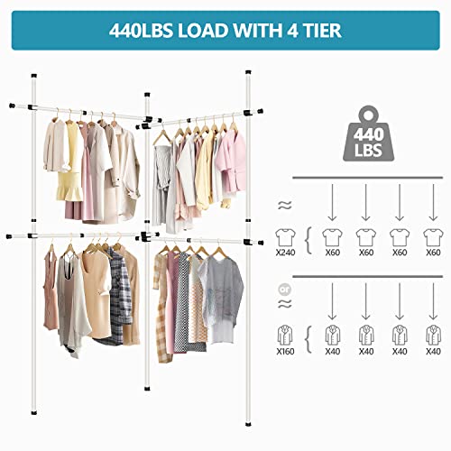 tonchean Floor to Ceiling Clothing Rack Tension Rod Clothes Rack Double 2-Tier Adjustable Clothes Garment Rack Heavy Duty Closet Organizer System