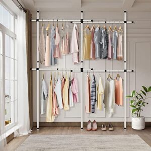tonchean Floor to Ceiling Clothing Rack Tension Rod Clothes Rack Double 2-Tier Adjustable Clothes Garment Rack Heavy Duty Closet Organizer System