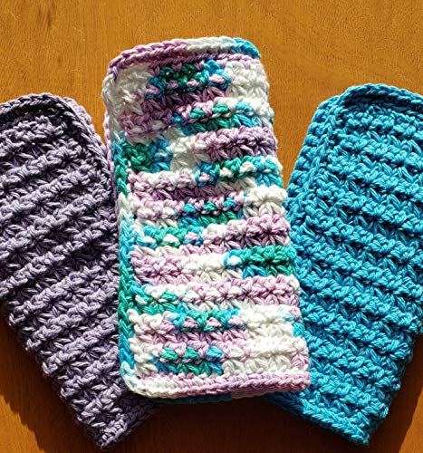 Handmade crochet washcloths, dishcloths,100% cotton set of 3 (Hot blue, purple and beach ball blue colors) * thick and dense*