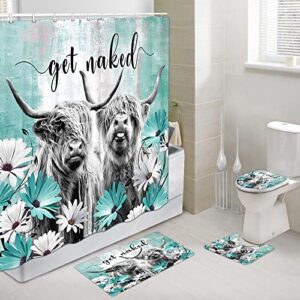 bcsewcg get naked shower curtain and bath mat set, farmhouse highland cow teal floral funny western bull bathroom mat set with contour toilet mat, mat and toilet lid cover 69x70 inch