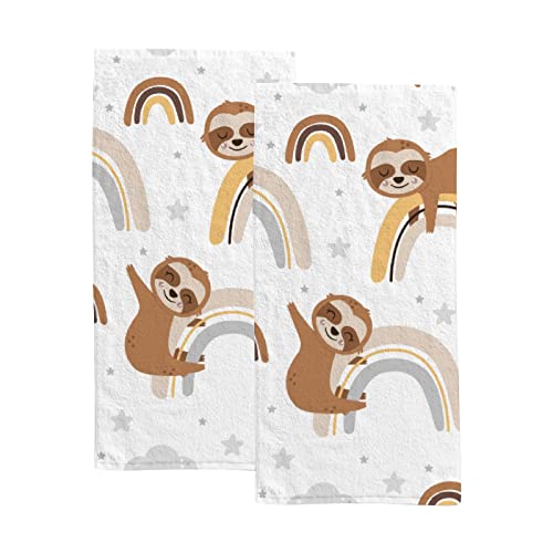 Hand Bath Towels 2 Pack Cute Sloth Rainbow Absorbent Face Fingertip Towels for Bathroom Kitchen Gym Spa Soft Hair Drying Cloth Quick Dry, 30 x 15 Inch