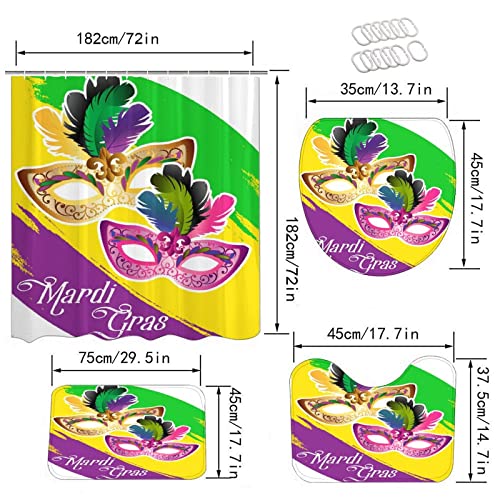 Chfukew 4 Piece Mardi Gras Decor Shower Curtain Set Mardi Gras Mask Rainbow Waterproof Non Slip Bathroom Sets with Shower Curtain and Rugs and Accessories