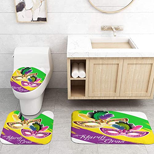 Chfukew 4 Piece Mardi Gras Decor Shower Curtain Set Mardi Gras Mask Rainbow Waterproof Non Slip Bathroom Sets with Shower Curtain and Rugs and Accessories