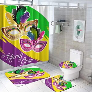 Chfukew 4 Piece Mardi Gras Decor Shower Curtain Set Mardi Gras Mask Rainbow Waterproof Non Slip Bathroom Sets with Shower Curtain and Rugs and Accessories