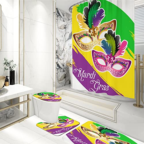 Chfukew 4 Piece Mardi Gras Decor Shower Curtain Set Mardi Gras Mask Rainbow Waterproof Non Slip Bathroom Sets with Shower Curtain and Rugs and Accessories