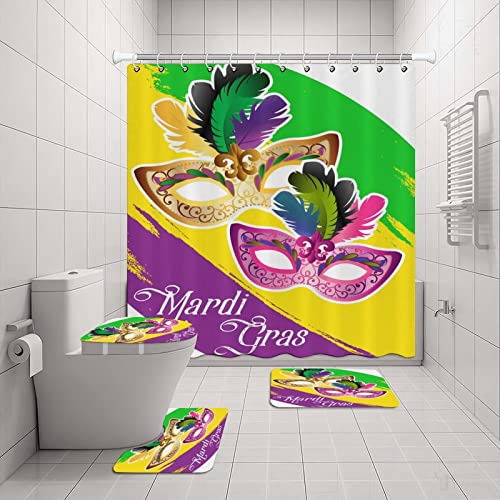 Chfukew 4 Piece Mardi Gras Decor Shower Curtain Set Mardi Gras Mask Rainbow Waterproof Non Slip Bathroom Sets with Shower Curtain and Rugs and Accessories