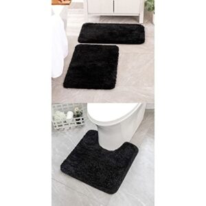 miulee set of 2 bathroom mats and toilet rugs, 16''x24''+16''x24''+20''x20''(u-shaped), non slip soft rugs for bath tub shower, black