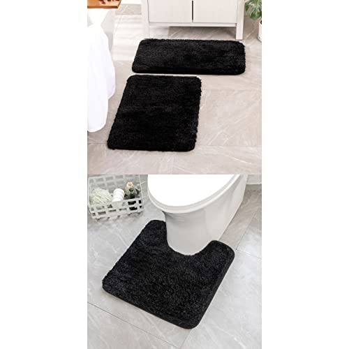 MIULEE Set of 2 Bathroom mats and Toilet Rugs, 16''x24''+16''x24''+20''x20''(U-Shaped), Non Slip Soft Rugs for Bath Tub Shower, Black