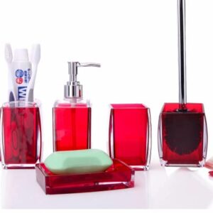 TUANYO Resin Red Bathroom Accessories Set, 5 Piece Acrylic Bathroom Accessory Set with Toothbrush Holder Tumbler Soap Dispenser Soap Dish Toilet Brush Set(Red)