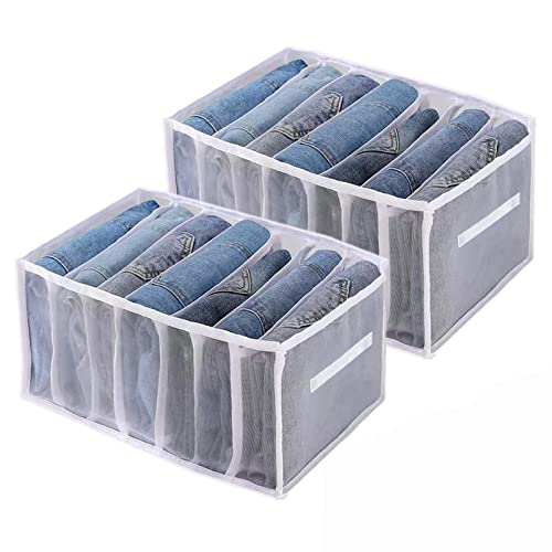 LANJINDENG 2PCS Wardrobe Clothes Organizer, 7 Grids Jeans Organizers with Pull Handle Drawer Closet Mesh Foldable Clothes Storage Box for Jeans Legging Pant T-Shirt