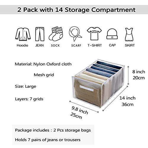 LANJINDENG 2PCS Wardrobe Clothes Organizer, 7 Grids Jeans Organizers with Pull Handle Drawer Closet Mesh Foldable Clothes Storage Box for Jeans Legging Pant T-Shirt