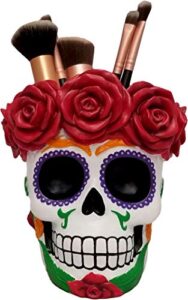 world of wonders sugar skull day of the dead makeup brush holder organizer | makeup organizers for vanity and sugar skull gifts for women | día de los muertos decoration - 5"