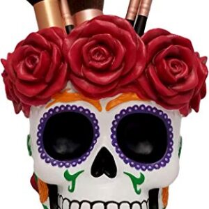 World of Wonders Sugar Skull Day of the Dead Makeup Brush Holder Organizer | Makeup Organizers For Vanity and Sugar Skull Gifts for Women | Día de Los Muertos Decoration - 5"